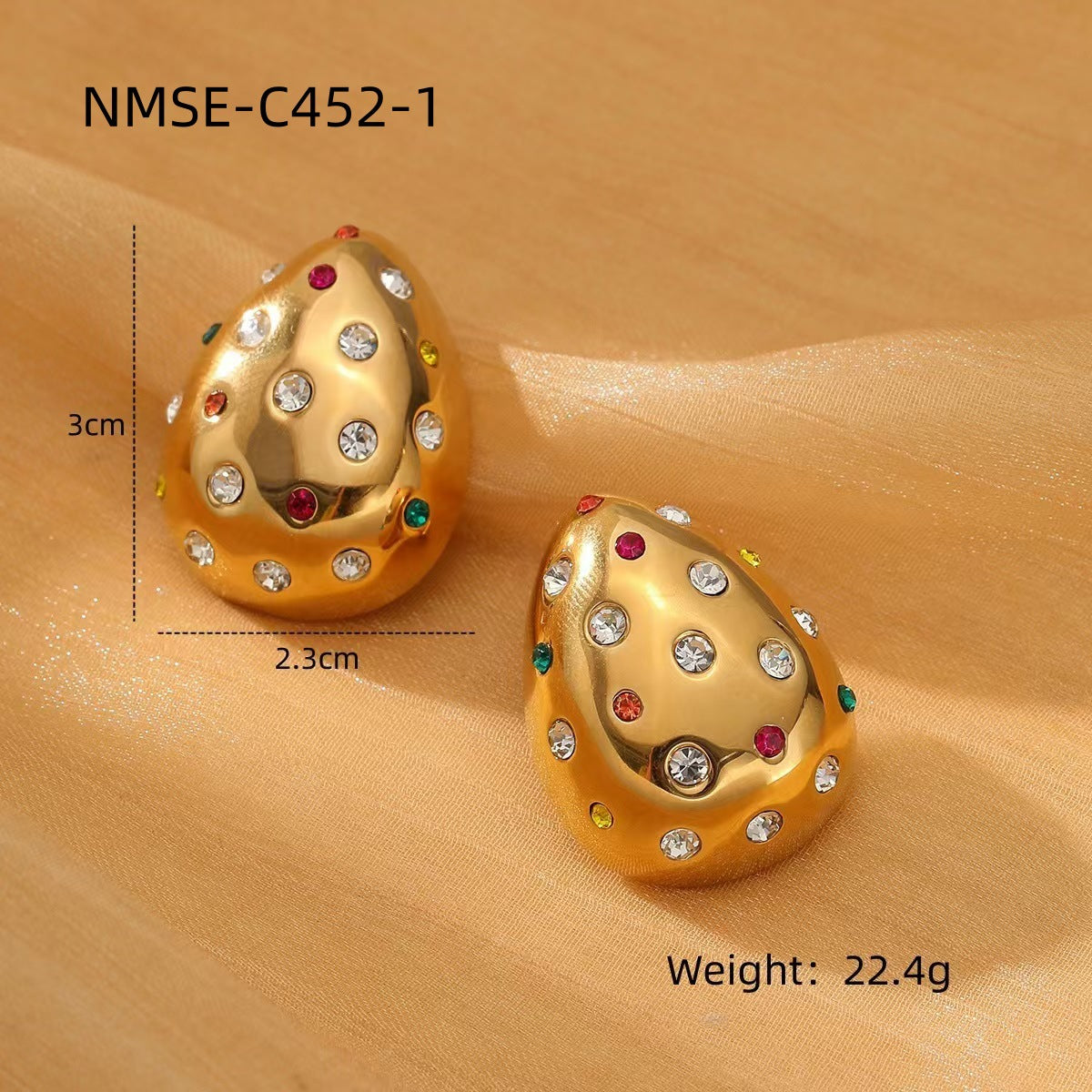 18K Gold Chubby Water Drop Stainless Steel Earrings Women Fashionable Diamond-Embedded Titanium Steel Ear Studs Earrings