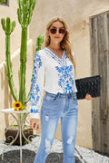 Top Shirt Ethnic Print V-neck Casual Long Sleeve Shirt Women Clothing