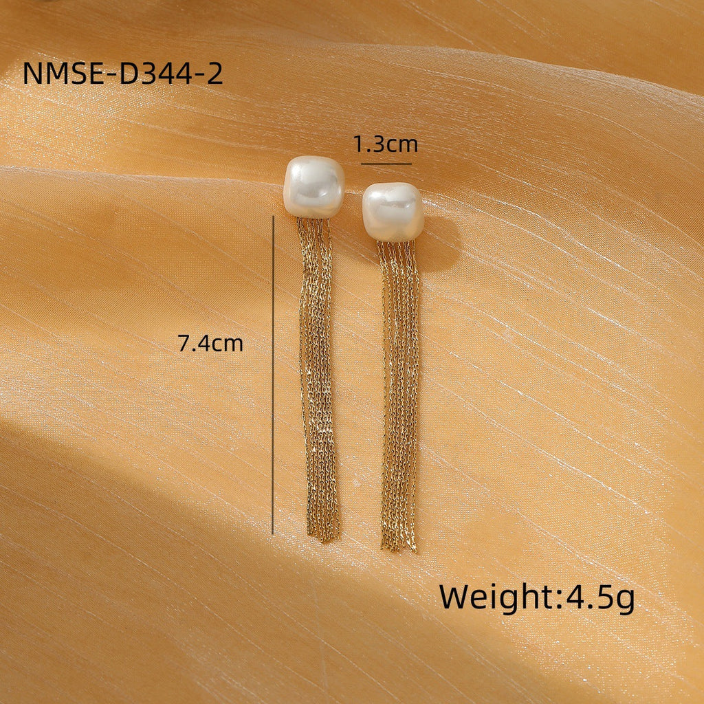 Tassel Pearl Titanium Steel Earrings Women Light Luxury High Grade Diamond Embedded Non Fading Stainless Steel Eardrop