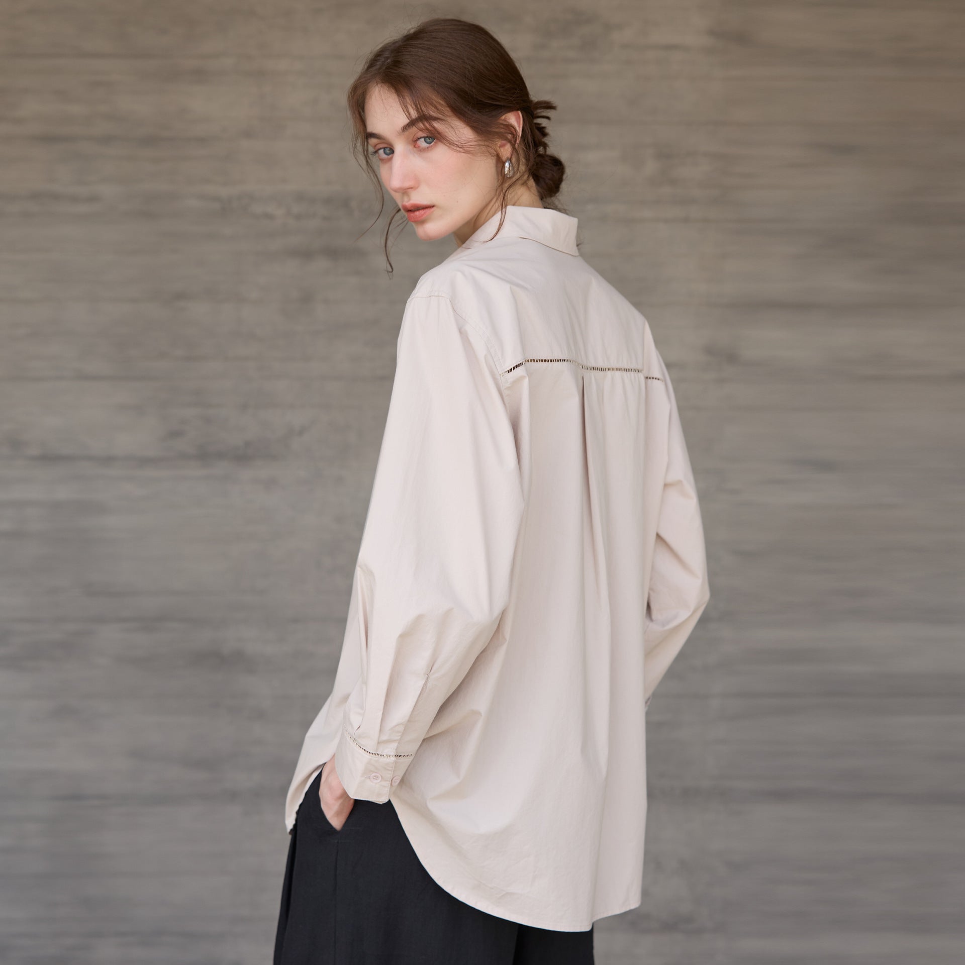 Autumn Winter Cotton Long Sleeved Shirt Women French Lazy Hollow Out Cutout Design Top Mid Length All Matching Shirt