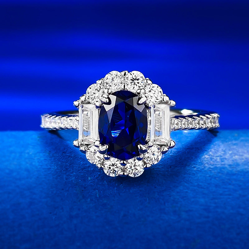 Jewelry S925 Silver Sapphire 5*7 Oval Ring Women Luxury Full Diamond All Match