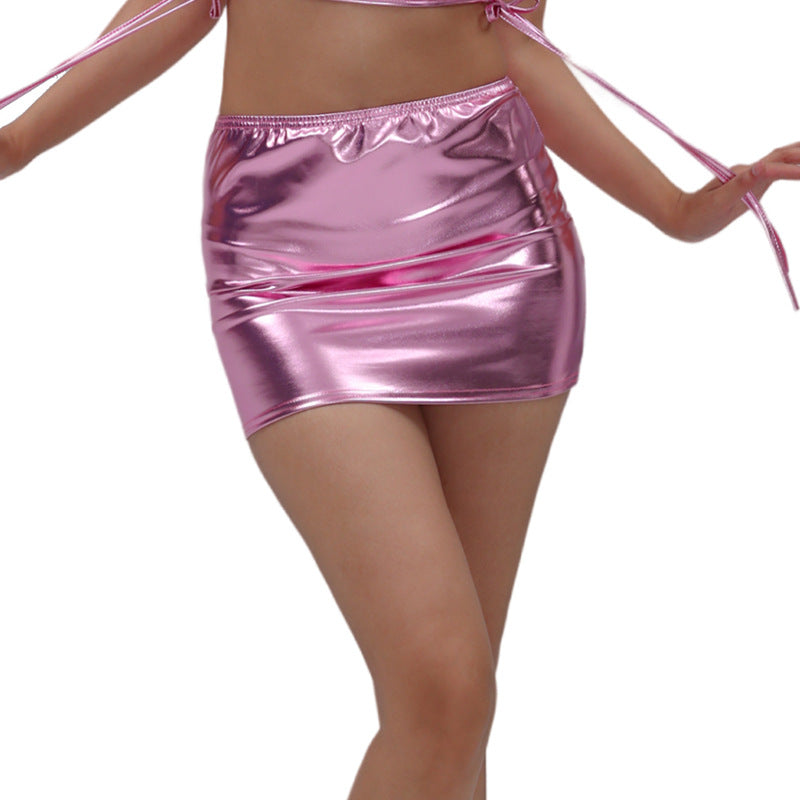 Bronzing Patent Leather Sheath Skirt Solid Color Sexy Night Stage
