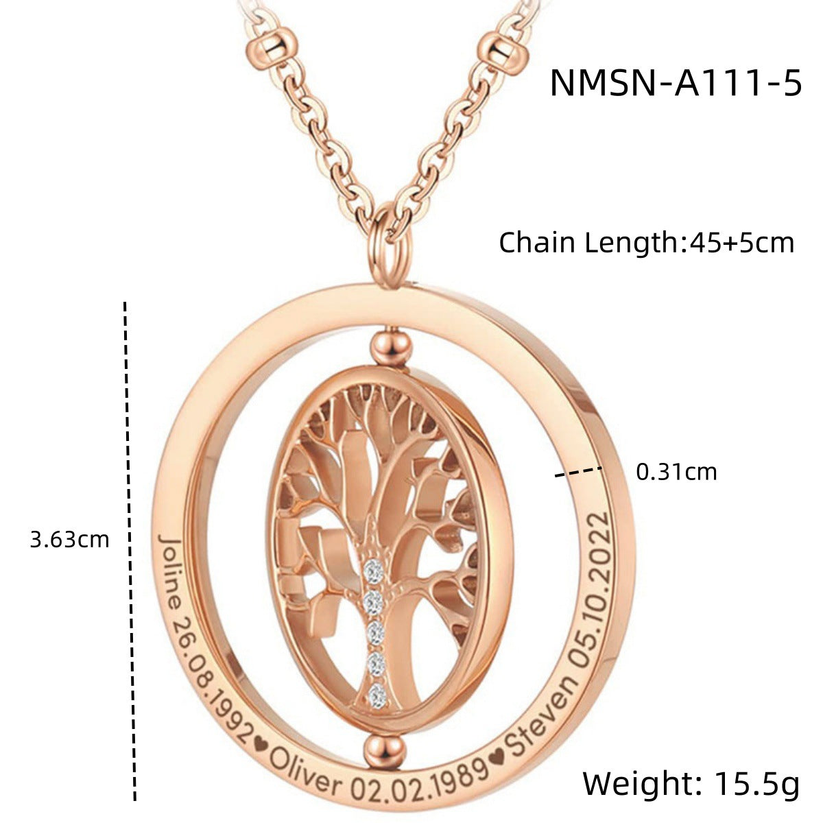 Nimai Design Diamond Rotating Tree of Life Stainless Steel Necklace Women 18K Gold Titanium Steel Embellished Women