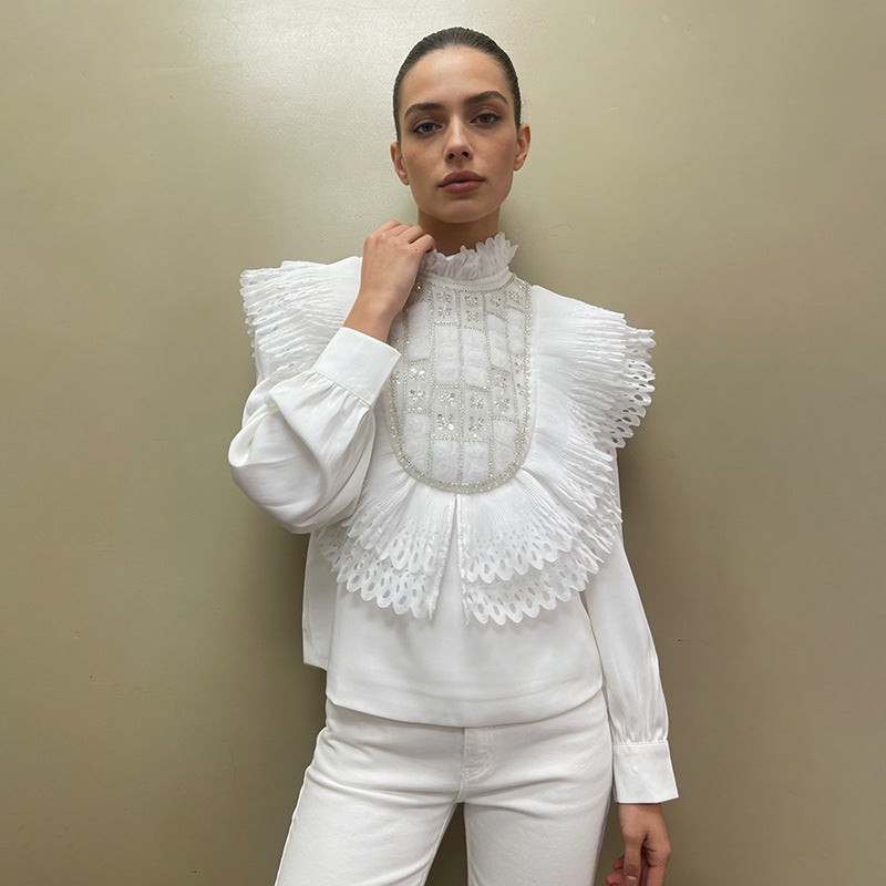 Sweet Design Blouse Women Winter Pleated Hollow Out Cutout out Sequin High Grade Long Sleeved Shirt