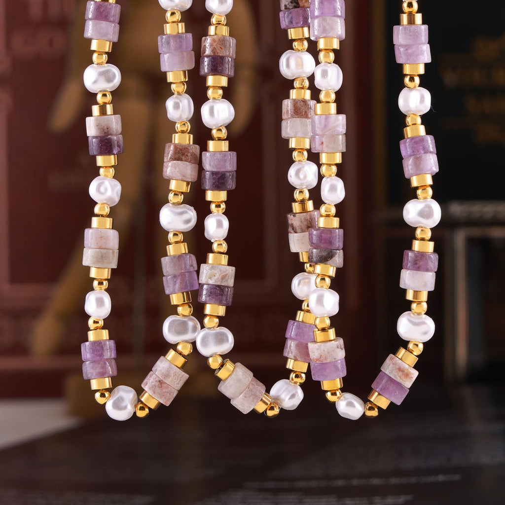 Simple Personality Elegant Gentle Shell Pearls Amethyst Handmade Beaded Design Titanium Steel Gold Plated Necklace