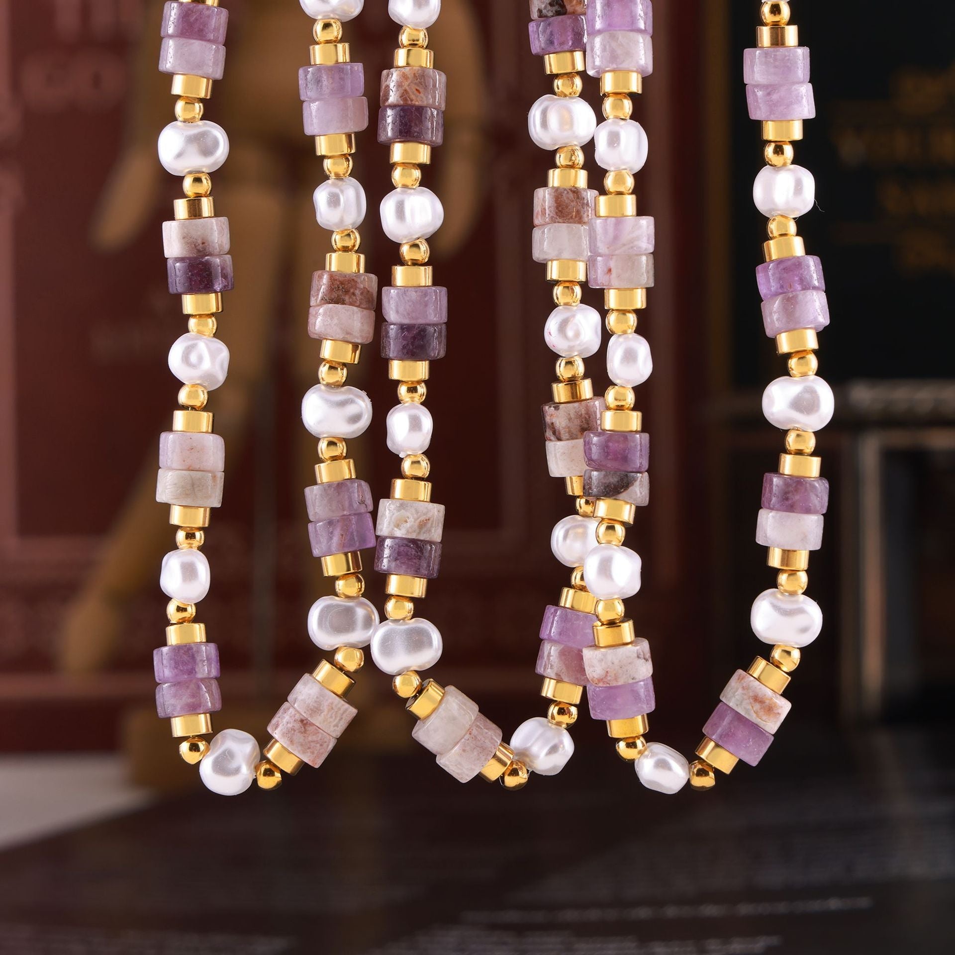 Simple Personality Elegant Gentle Shell Pearls Amethyst Handmade Beaded Design Titanium Steel Gold Plated Necklace