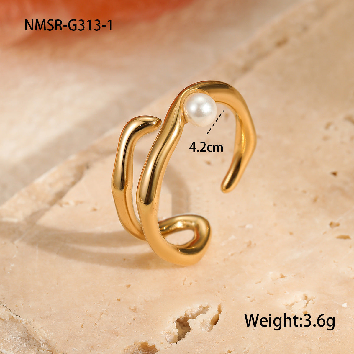 Geometric Abstract Design Irregular Asymmetric Stainless Steel Ring Color Matching Imitation Pearl Niche High Grade Ring