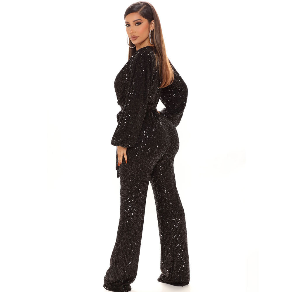 Fall High-End Women Sequ Deep V-neck Long Sleeve Jumpsuit Jumpsuit Trousers