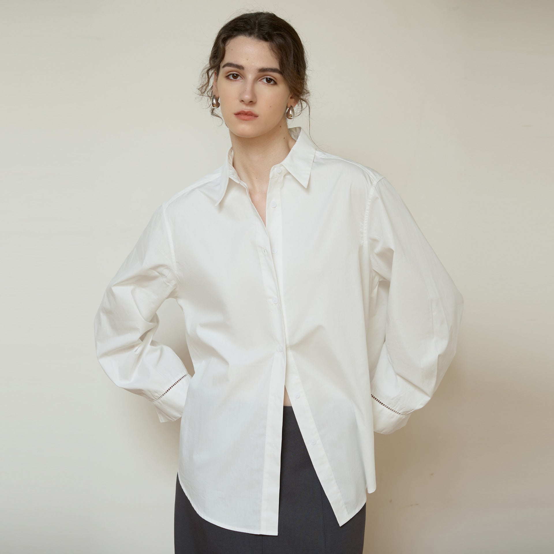 Autumn Winter Cotton Long Sleeved Shirt Women French Lazy Hollow Out Cutout Design Top Mid Length All Matching Shirt