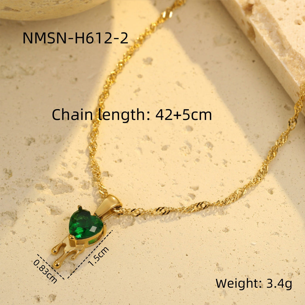 Retro Easy Matching Geometric Abstract Green Zircon Series 18K Gold Stainless Steel Necklace Women High Grade Clavicle Chain