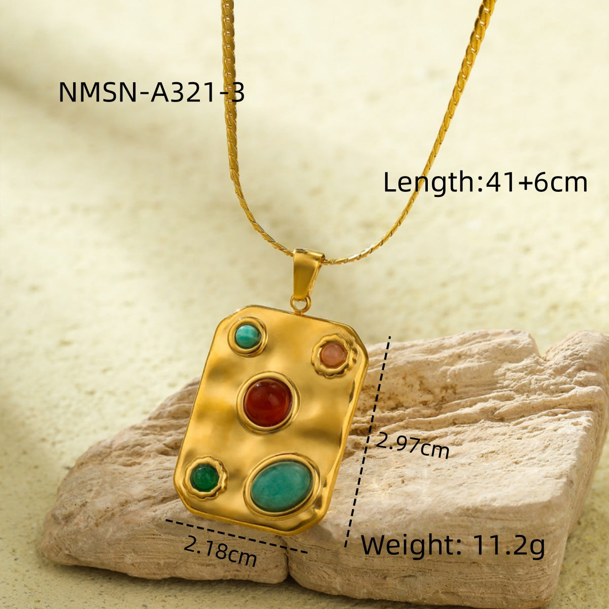 Exotic Square Color Natural Stone Titanium Steel Embellished Simple All-Match Sense Necklace Ring Set