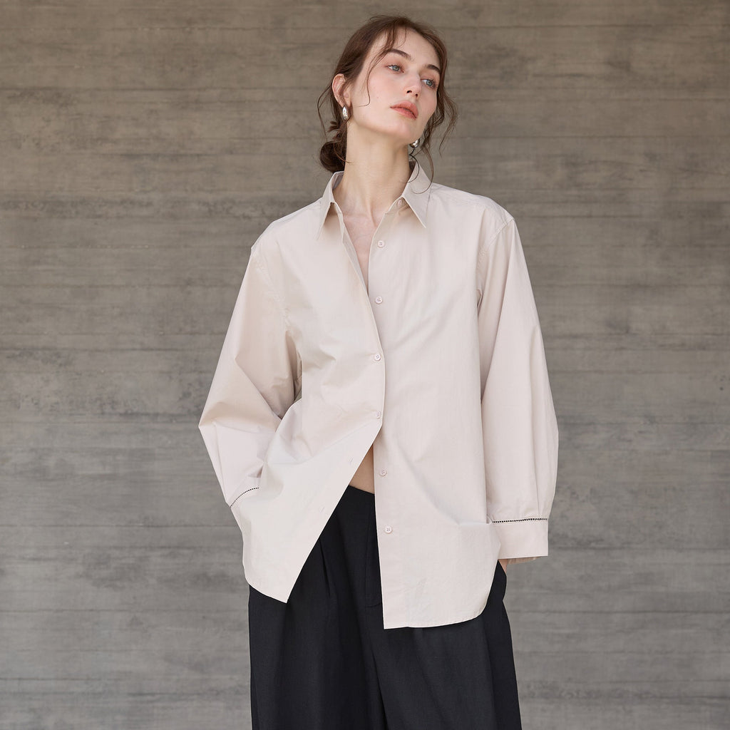 Autumn Winter Cotton Long Sleeved Shirt Women French Lazy Hollow Out Cutout Design Top Mid Length All Matching Shirt