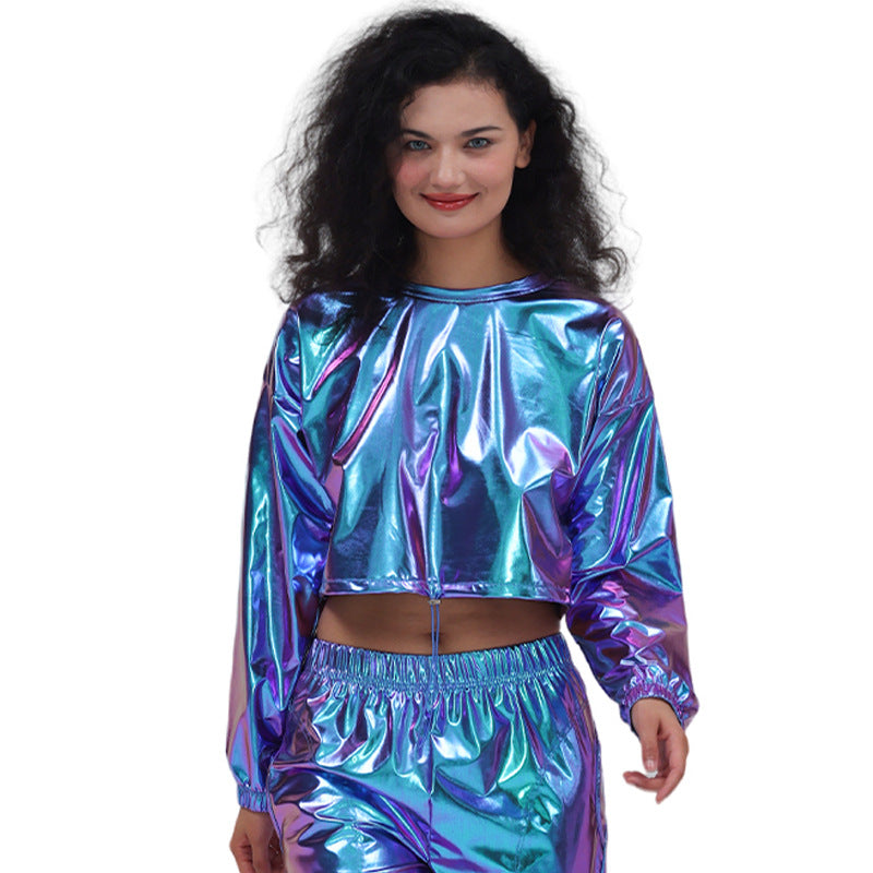 Bronzing Bright Leather Sexy Cropped Long Sleeve Hooded Pullover Short Drawstring Sweatshirt