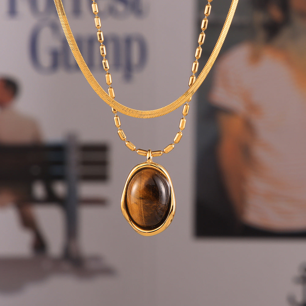 Maillard Simple Grace Personality M Bead Chain Ornament Irregular Asymmetric round Brand Tigereye Embellished Titanium Steel Necklace