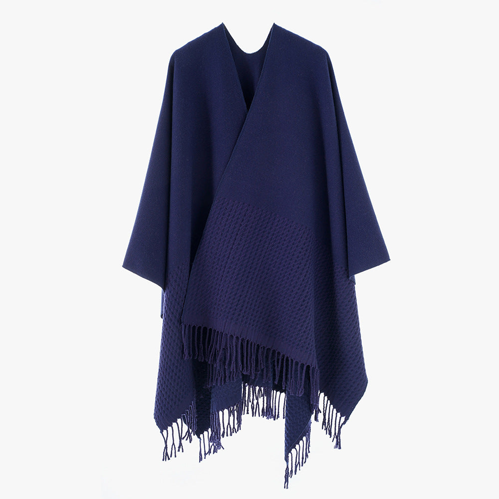 Solid Color Cashmere like Tassel Large Split Shawl Warm Monochrome Cape Plain Shawl