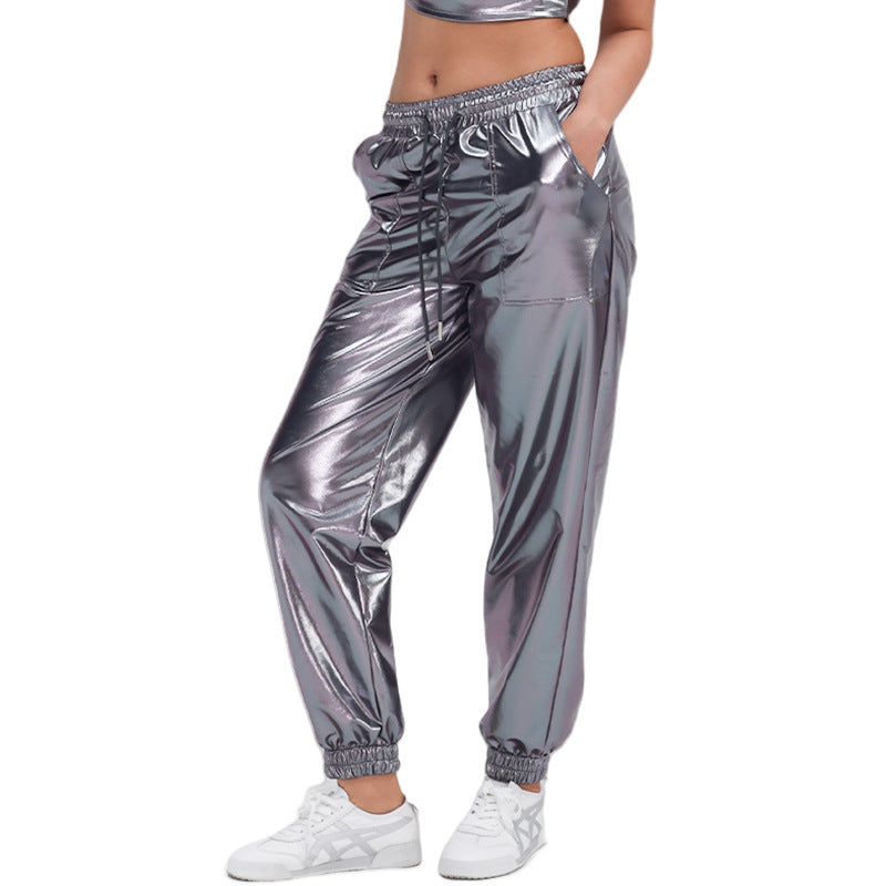 Women Pants Street Trend Bronzing Ankle Banded Pants Sports Bright Leather Loose Performance Clothes