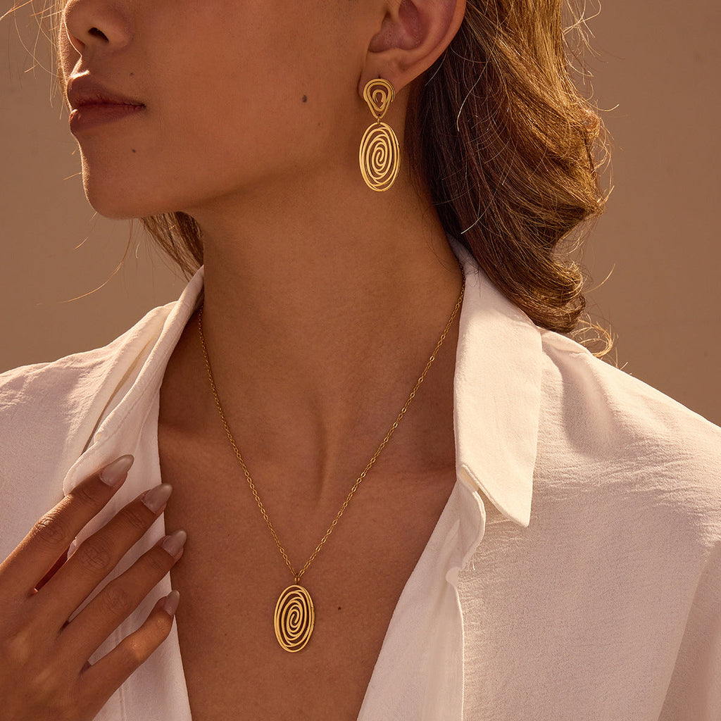 Hollow Out Cutout Spiral Vortex Embellished Necklace Stainless Steel Earrings Plated 18K Gold Head Ornament