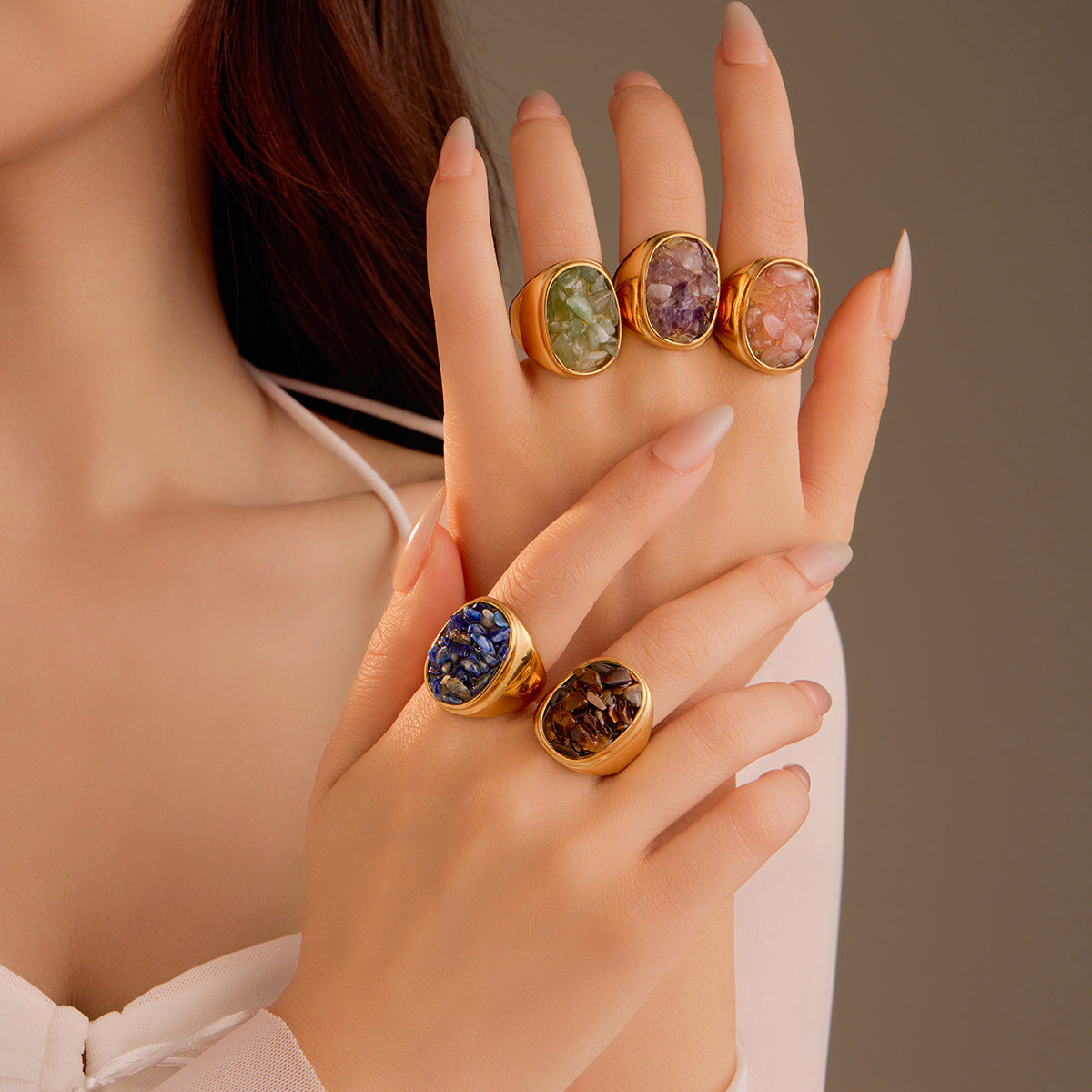 Retro Trendy All Match Stainless Steel Natural Stone Geometric Abstract Ring Non Fading Ring Simple Exquisite High Grade Bracelet