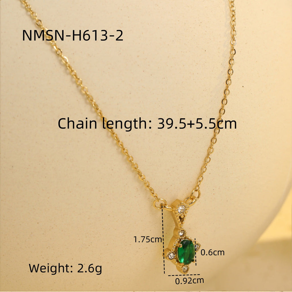 Retro Easy Matching Geometric Abstract Green Zircon Series 18K Gold Stainless Steel Necklace Women High Grade Clavicle Chain