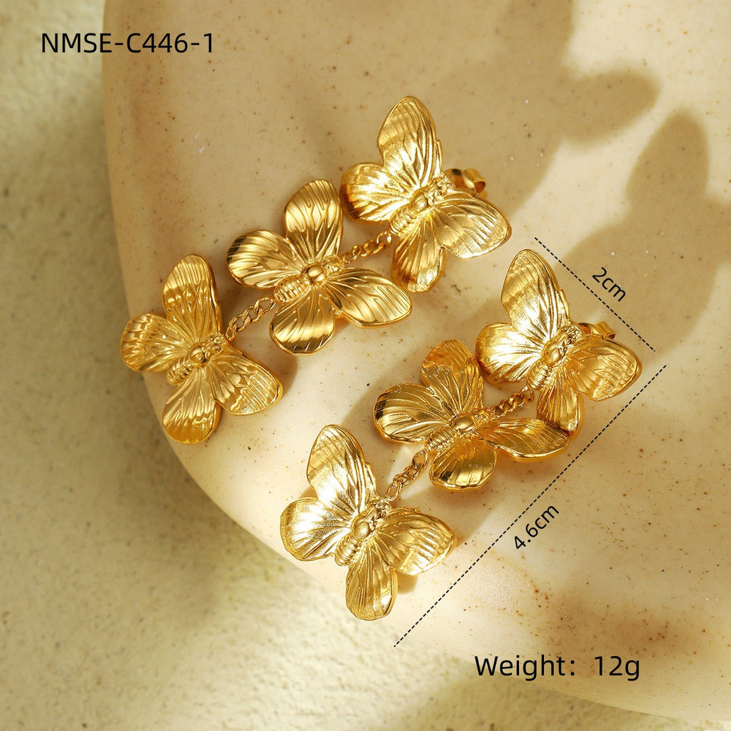 Pearl Butterfly Tassel Titanium Steel Earrings Fashionable All Match Light Luxury High Sense Stainless Steel Studs