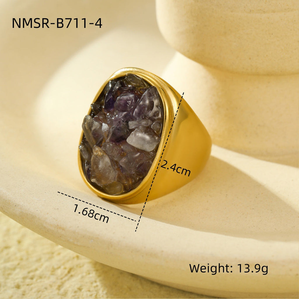 Retro Trendy All Match Stainless Steel Natural Stone Geometric Abstract Ring Non Fading Ring Simple Exquisite High Grade Bracelet