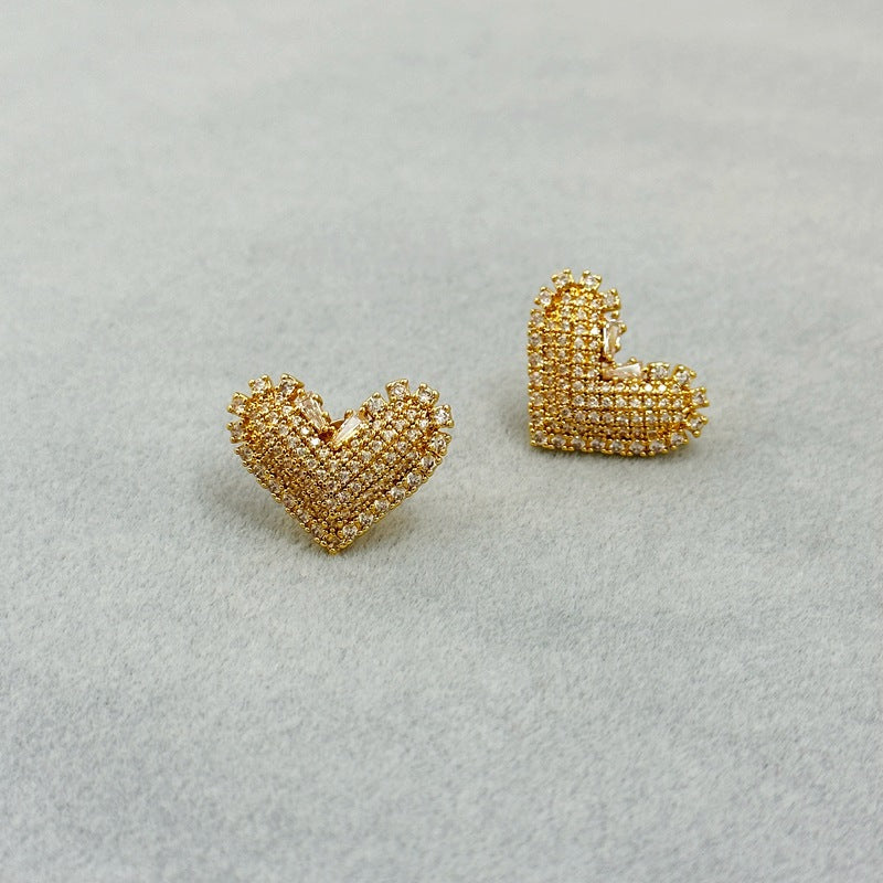 Sweet Elegant High-Grade Diamond Three Dimensional Love Heart Stud Earrings Affordable Luxury Exquisite Peach Heart 925 Earrings Women