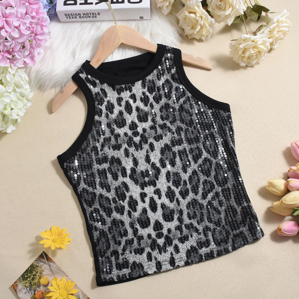 Sequin Leopard Print Women Vest Sexy Cropped Cropped Outfit Color Matching Sleeveless Top Women