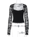 Women Clothing Summer Sexy Lace Cutout Stitching Long Sleeved Top