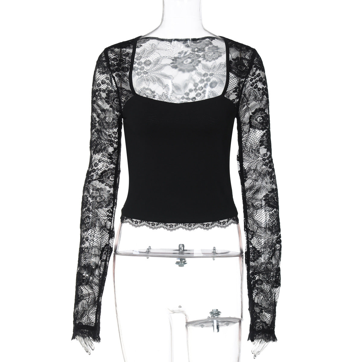 Women Clothing Summer Sexy Lace Cutout Stitching Long Sleeved Top