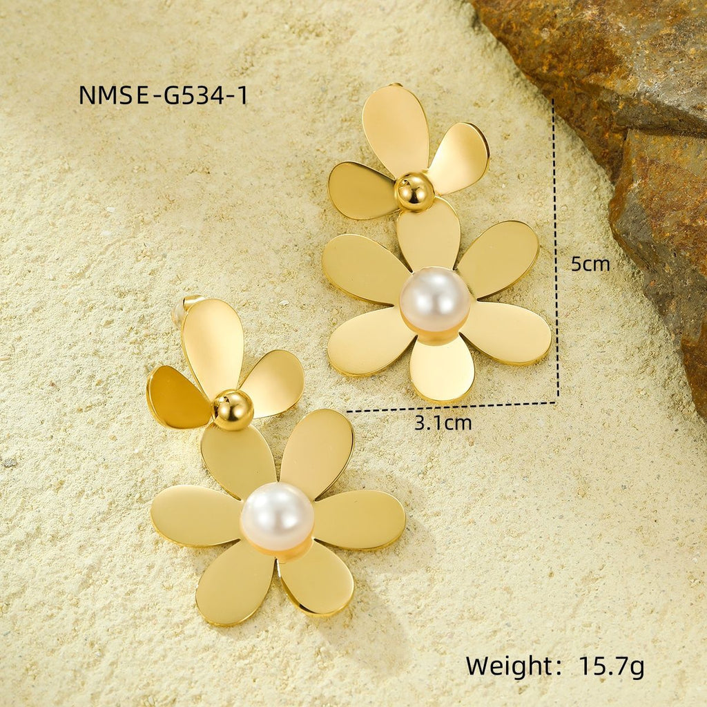 Retro Easy Matching Stainless Steel Color Matching Petal Fringe Pearl Exquisite Elegant Titanium Steel Ear Studs Earrings for Women