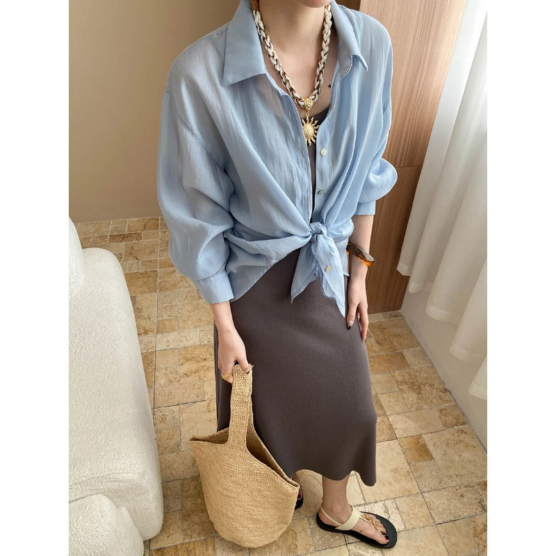 Back Slit Modeling Lanjing Tencel Blended Simple Casual Loose Shirt