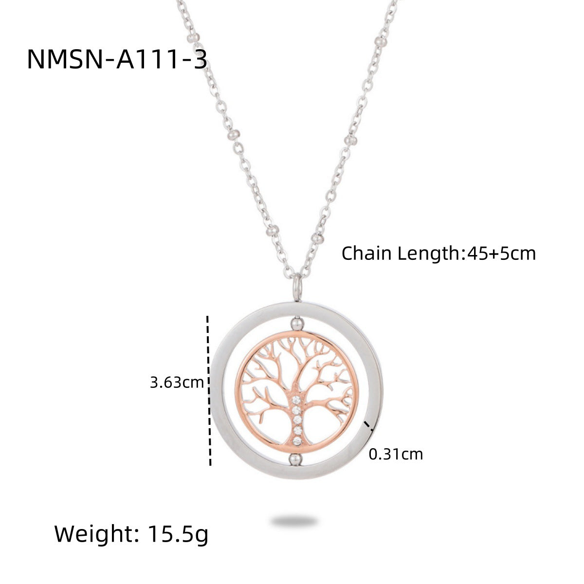 Nimai Design Diamond Rotating Tree of Life Stainless Steel Necklace Women 18K Gold Titanium Steel Embellished Women
