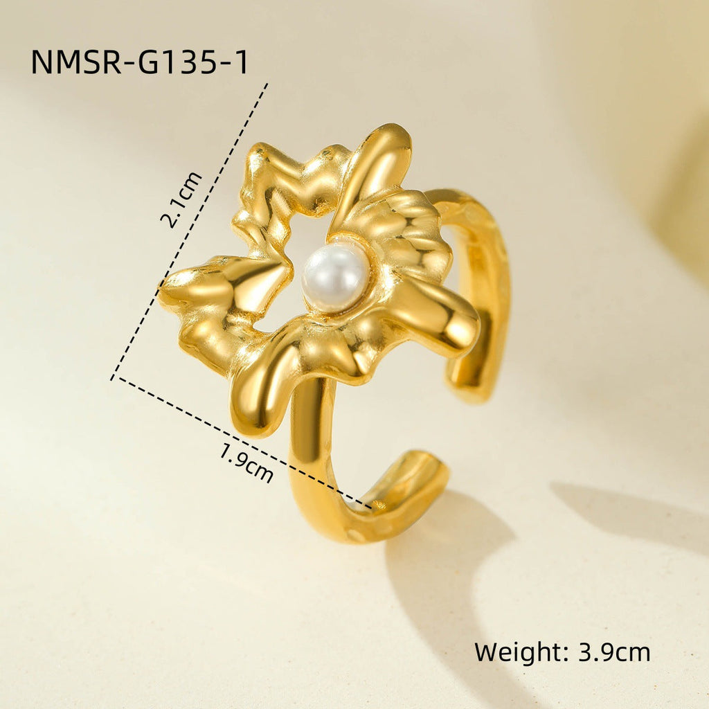18K Gold Stainless Steel Open End Pearl Ring Natural Stone Love Inlaid Pearl Ring Women