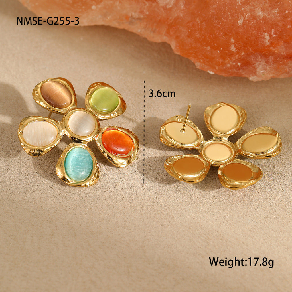 Retro 18K Gold Stainless Steel High Grade Color Opal Hammered Floral Earrings Earrings