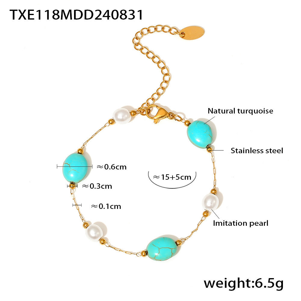 Niche Natural Turquoise Imitation Pearl Necklace Bracelet Stainless Steel Light Luxury Elegant Outfit