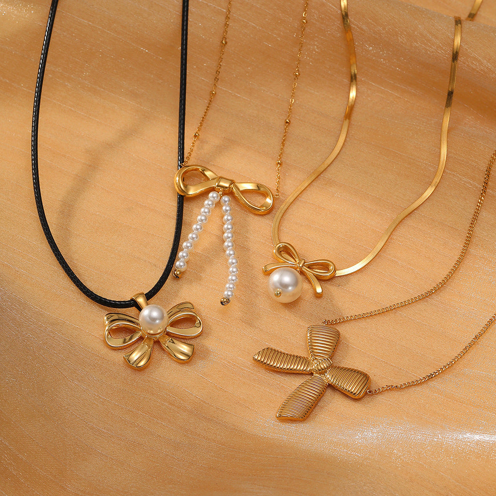 Fashionable Simple Elegant Titanium Steel Pearl Bow Necklace Women Arrival High Grade Stainless Steel Embellished