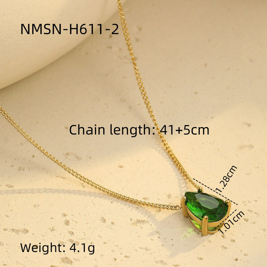 Retro Easy Matching Geometric Abstract Green Zircon Series 18K Gold Stainless Steel Necklace Women High Grade Clavicle Chain