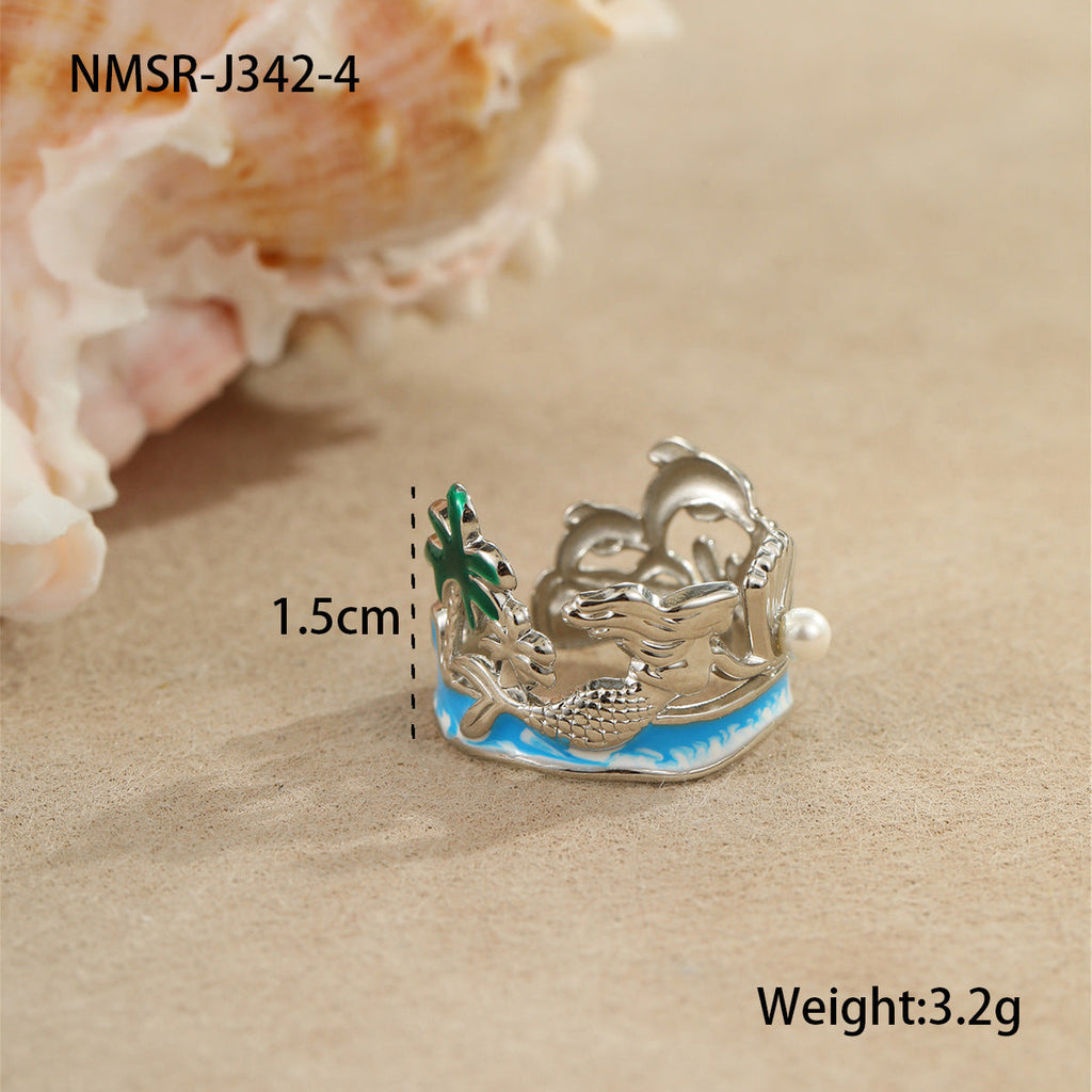 Arrival Ocean Mermaid Pearl Ring Stainless Steel Gold Plated Open Ring Niche Design Bracelet