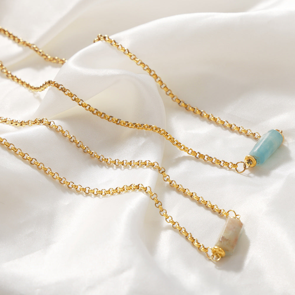 Retro Personalized Minority Titanium Steel Gold Plated Geometric Abstract Irregular Asymmetric Natural Stone Embellished Necklace Ornament Women