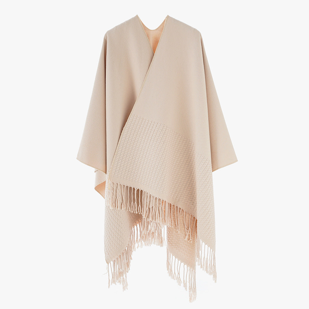 Solid Color Cashmere like Tassel Large Split Shawl Warm Monochrome Cape Plain Shawl