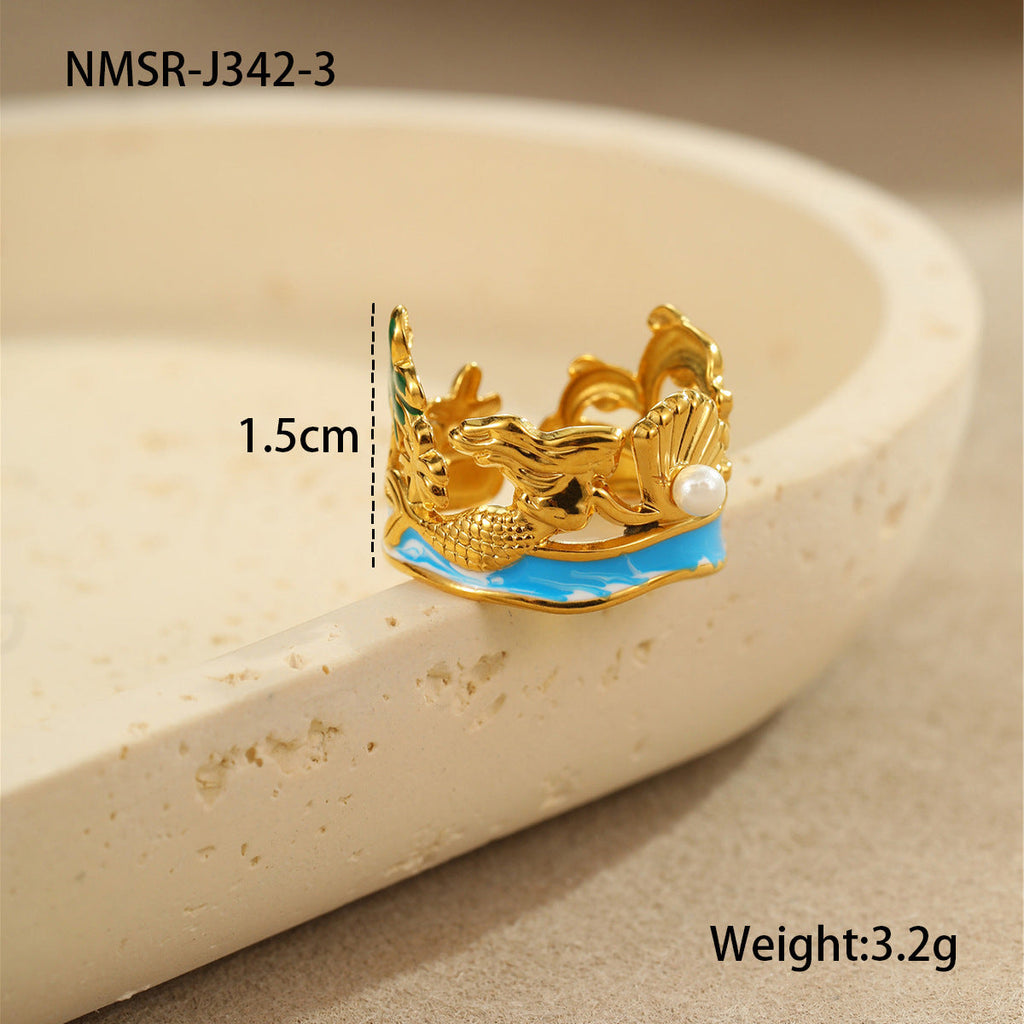 Arrival Ocean Mermaid Pearl Ring Stainless Steel Gold Plated Open Ring Niche Design Bracelet