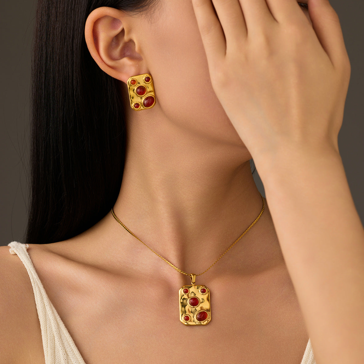 Exotic Square Color Natural Stone Titanium Steel Embellished Simple All-Match Sense Necklace Ring Set