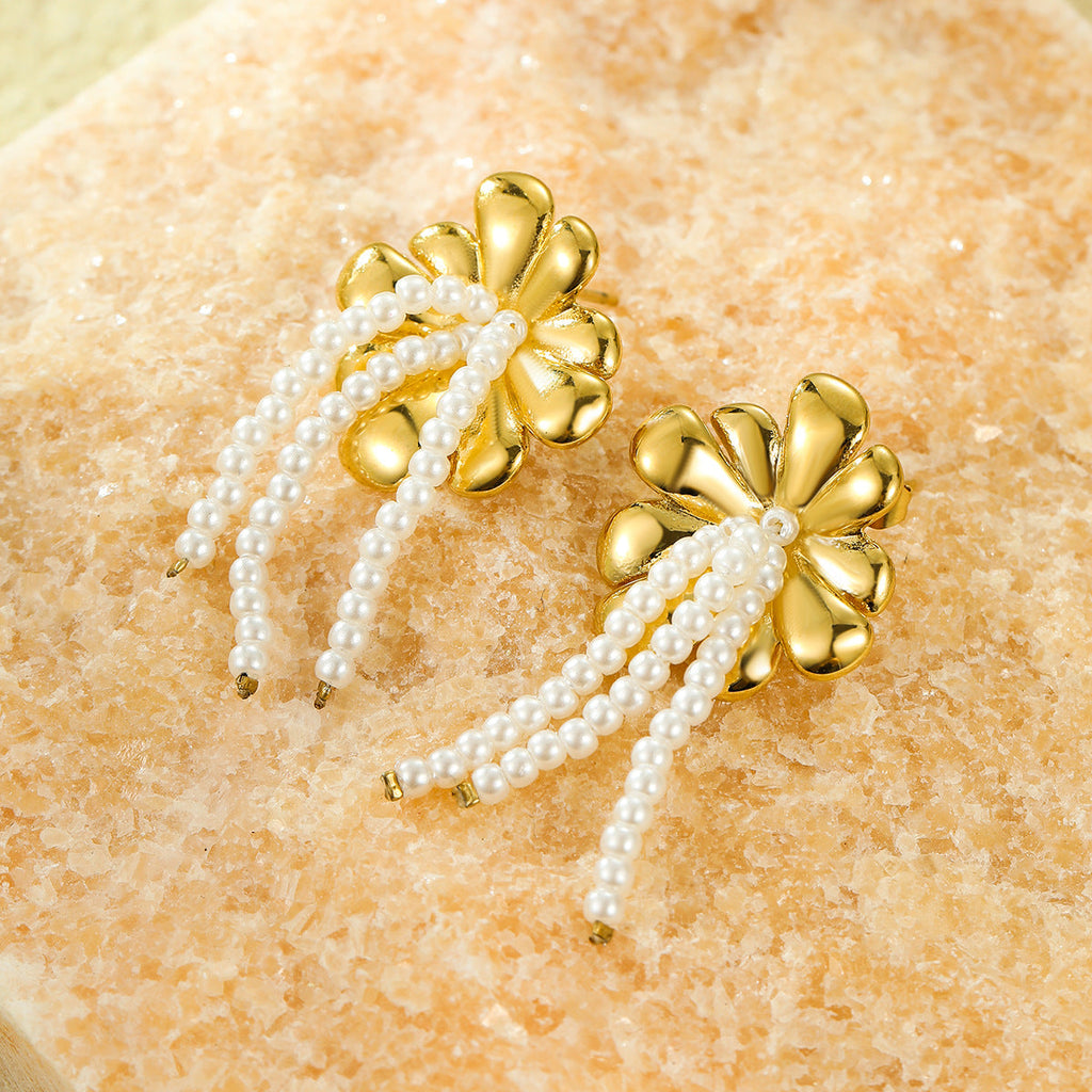 All Match Fashionable Stainless Steel Floral Pearl Tassel Titanium Steel Gold Plated Stud Earrings for Women