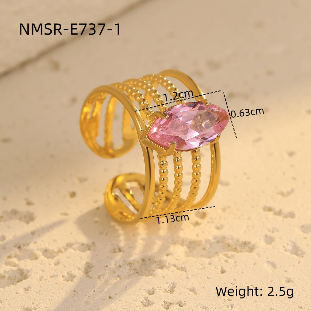 Stainless Steel Wide Surface Hollow Out Cutout Water Drops Zircon Ring Women Special Interest Light Luxury High Sense Ornament
