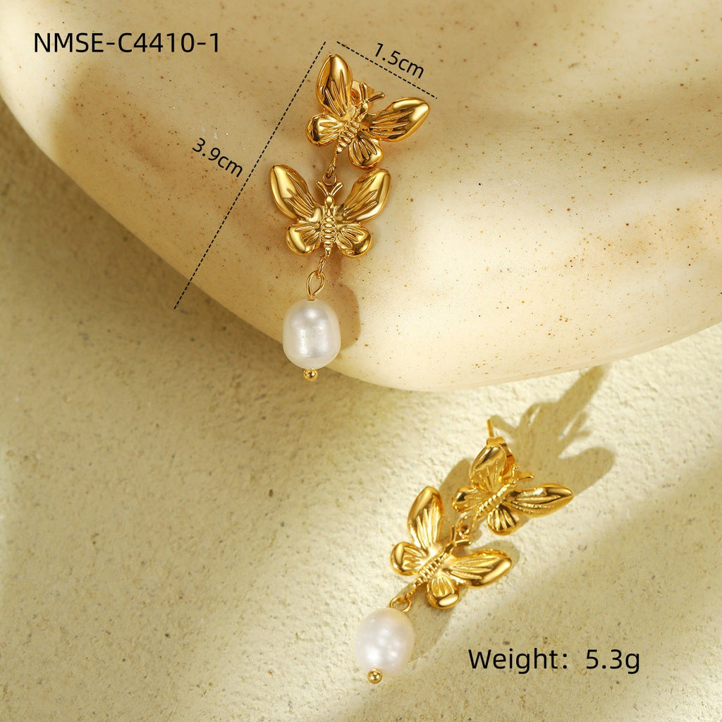 Pearl Butterfly Tassel Titanium Steel Earrings Fashionable All Match Light Luxury High Sense Stainless Steel Studs