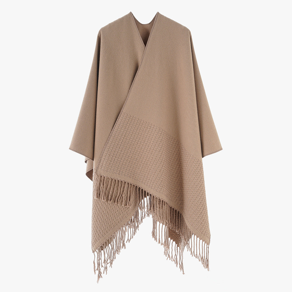 Solid Color Cashmere like Tassel Large Split Shawl Warm Monochrome Cape Plain Shawl