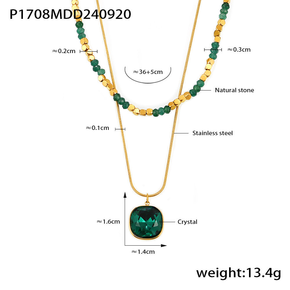Natural Stone Beaded Crystal Stone Embellished Double Layer Necklace Stainless Steel All Match Clavicle Chain Necklace