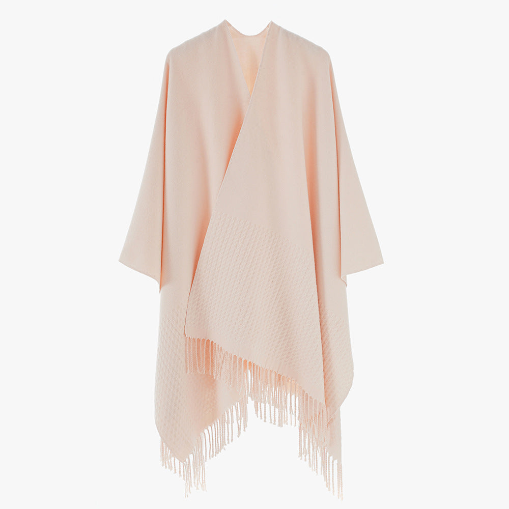 Solid Color Cashmere like Tassel Large Split Shawl Warm Monochrome Cape Plain Shawl