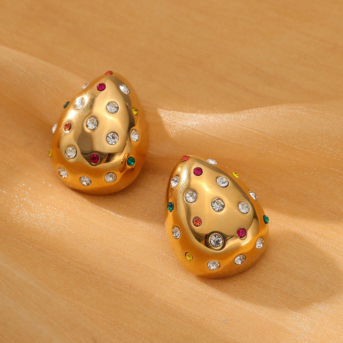 18K Gold Chubby Water Drop Stainless Steel Earrings Women Fashionable Diamond-Embedded Titanium Steel Ear Studs Earrings