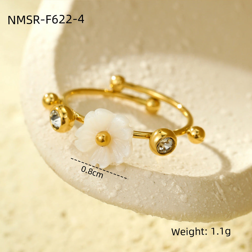 Floral 18K Gold Titanium Steel Ring Niche High Sense White Lip Shell Inlaid Zircon Women Ring